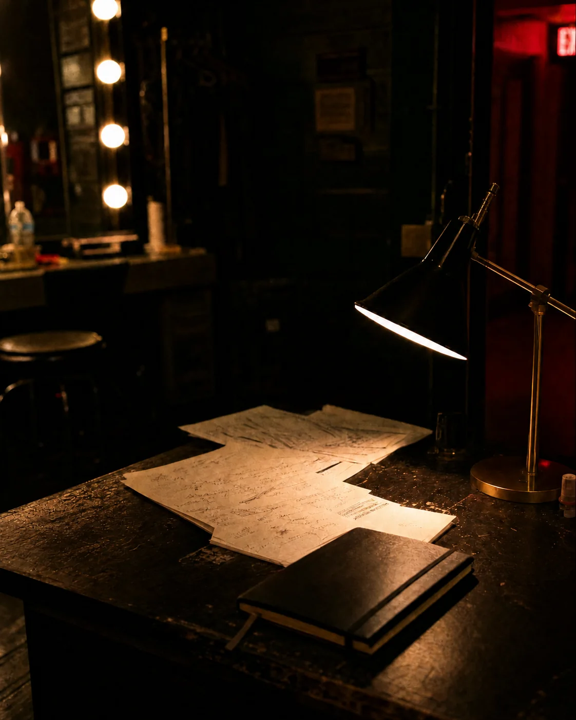 An after-hours writing desk under a warm lamp in a backstage room