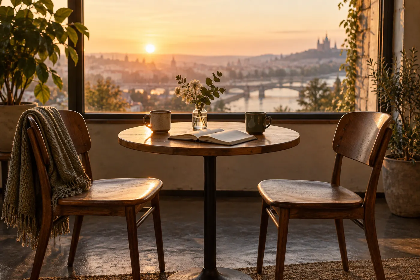 Two empty chairs and an open notebook at a sunrise table