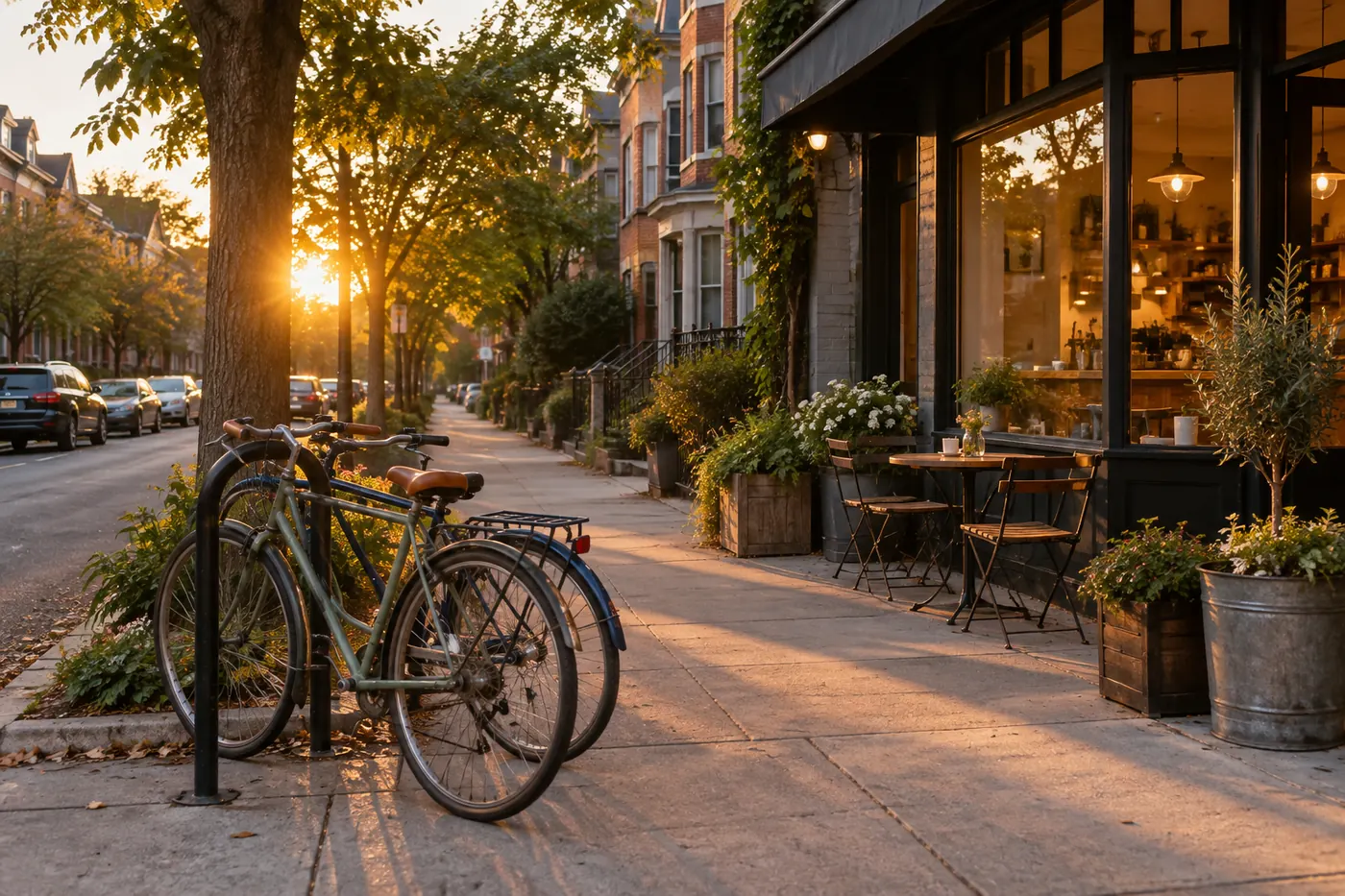 A quiet neighborhood cafe with bicycles parked together
