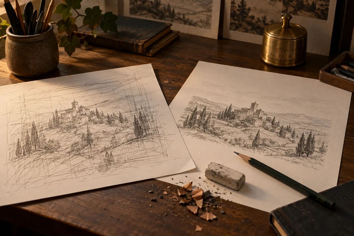 Two sketches showing a rough pass and a more finished revision