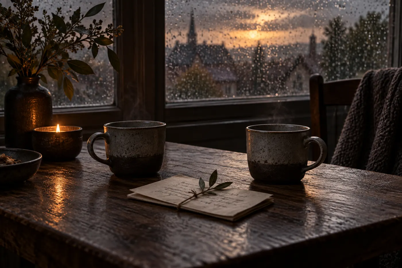 Two cups and a note on a table after rain