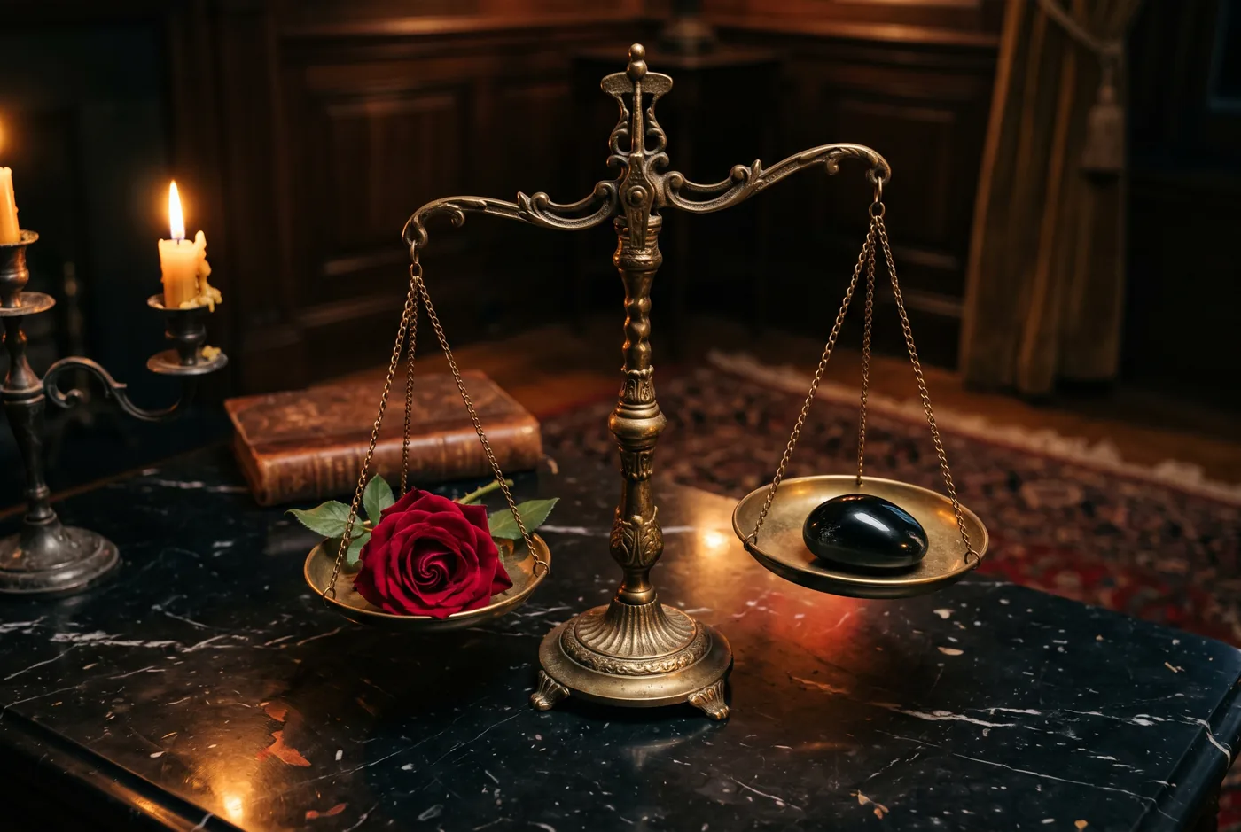 An antique brass balance scale on black marble by candlelight, a red rose in one pan and a black obsidian stone in the other