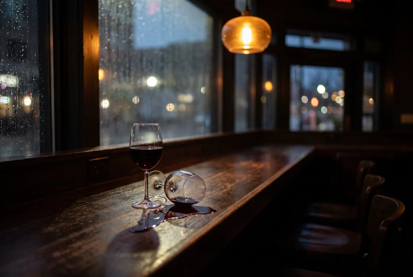 An empty bar at night with one glass of red wine standing and a second glass tipped over, wine spreading across the wood