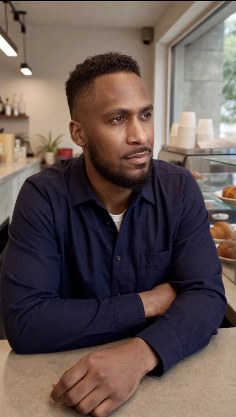 King The Kemist in a navy overshirt sitting at a cafe counter, thoughtful and calm