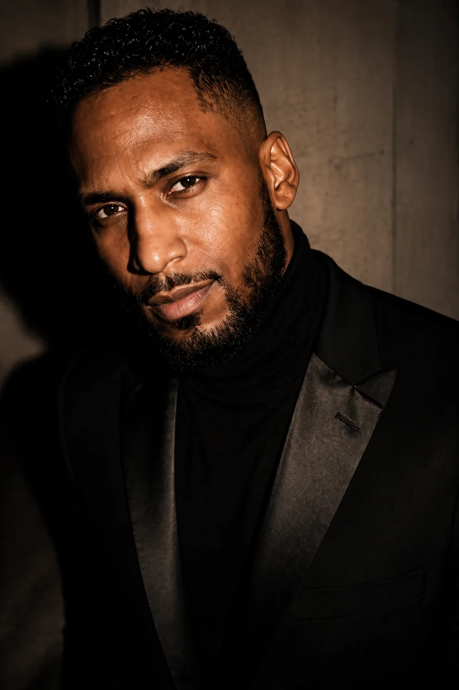 King The Kemist in a black tuxedo and turtleneck against a dark background, composed and serious