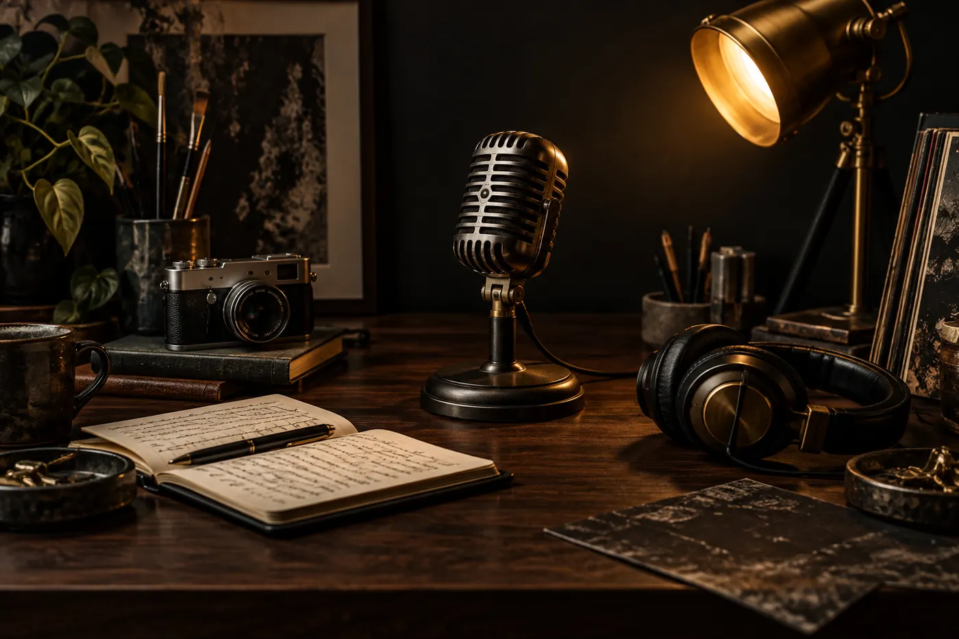 A microphone, camera, notebook, and headphones sharing one studio table