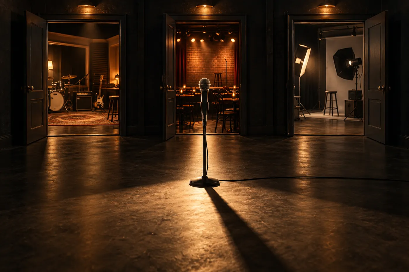 Three creative rooms opening from one microphone