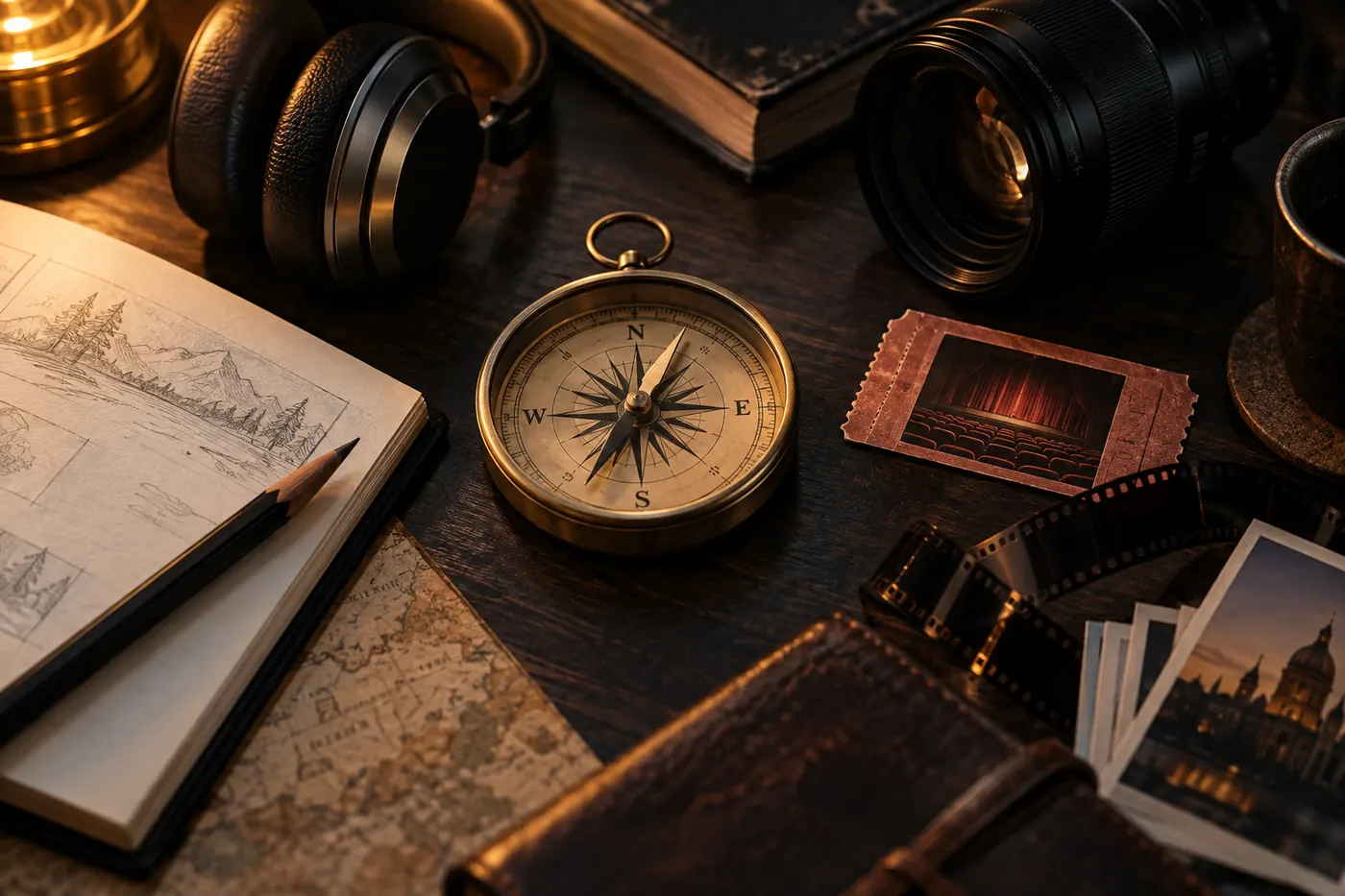 A compass surrounded by tools from several creative disciplines