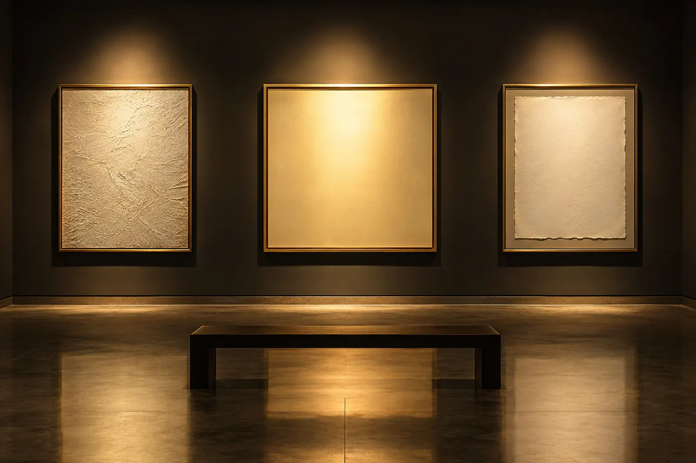Three distinct framed works unified by one gallery light