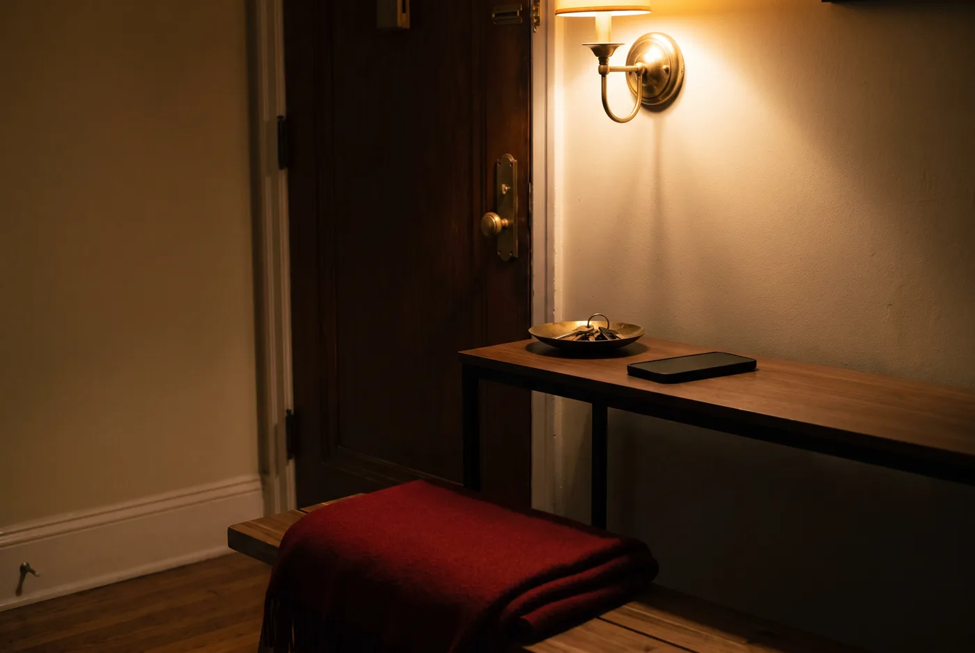 A quiet apartment entryway at night with a closed door, a warm wall lamp, keys in a brass dish and a phone lying face down