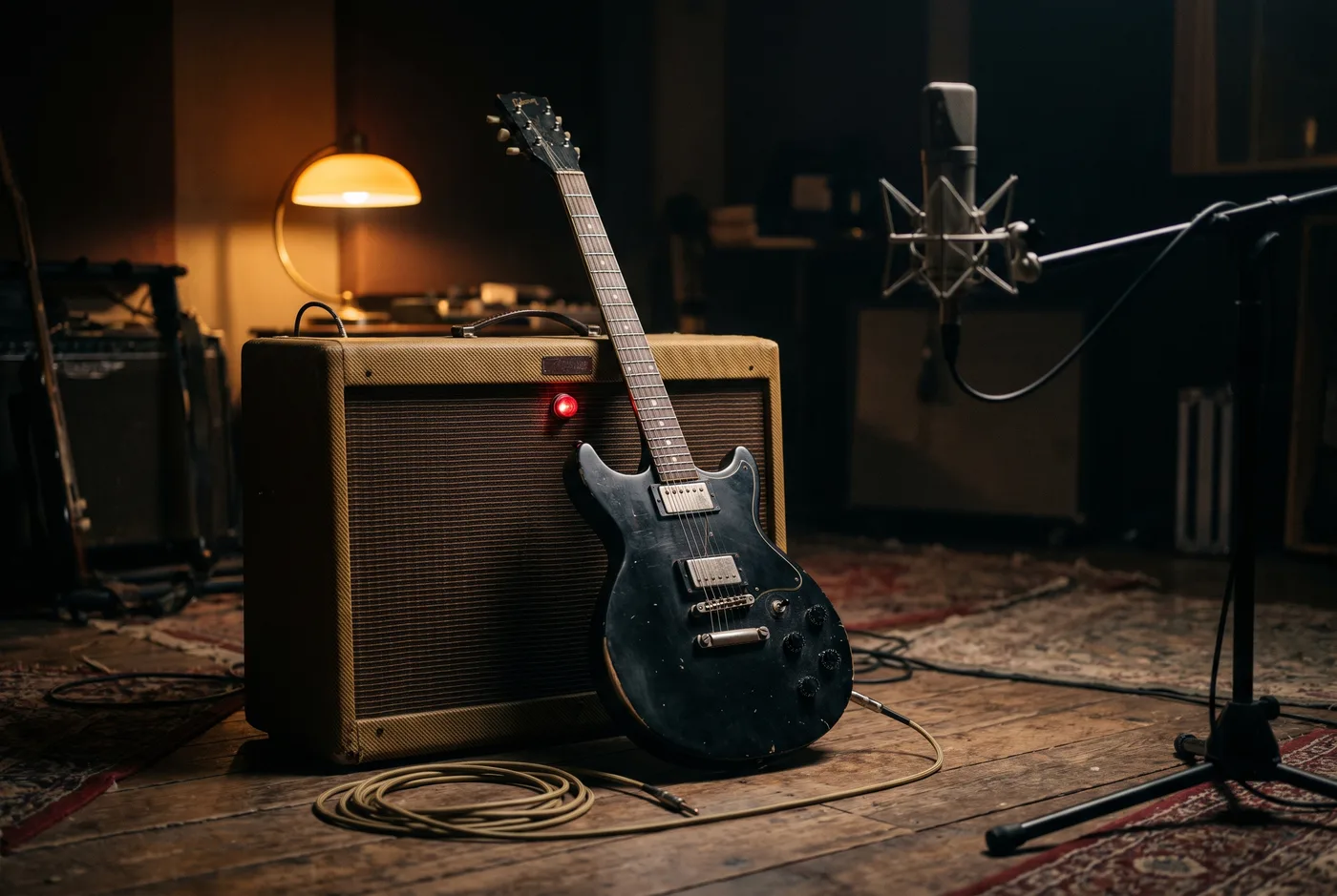 A black electric guitar leaning against a vintage amplifier with a red light, in a dark home studio with a microphone behind it