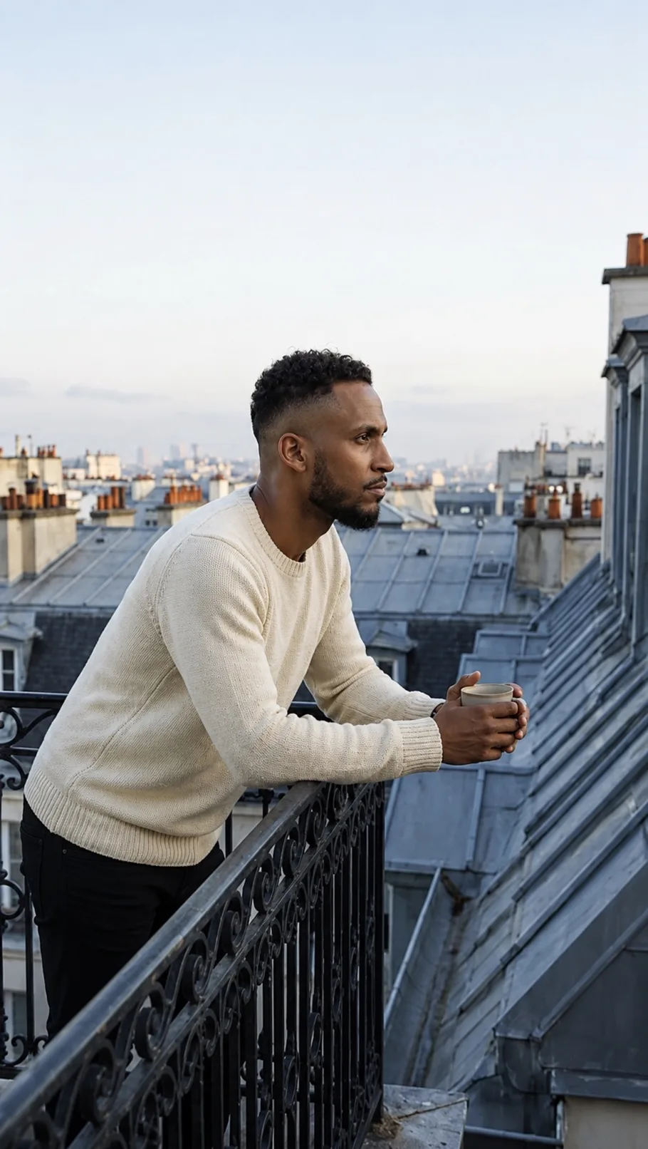 King The Kemist in a cream sweater on a city balcony, holding a coffee and looking out over the rooftops