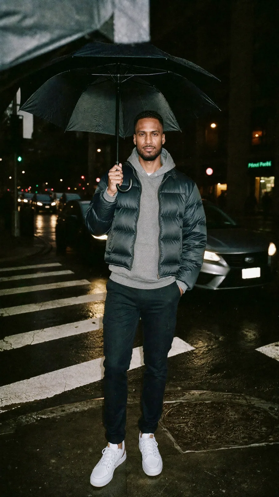 King The Kemist walking across a rain-soaked city street at night under a black umbrella