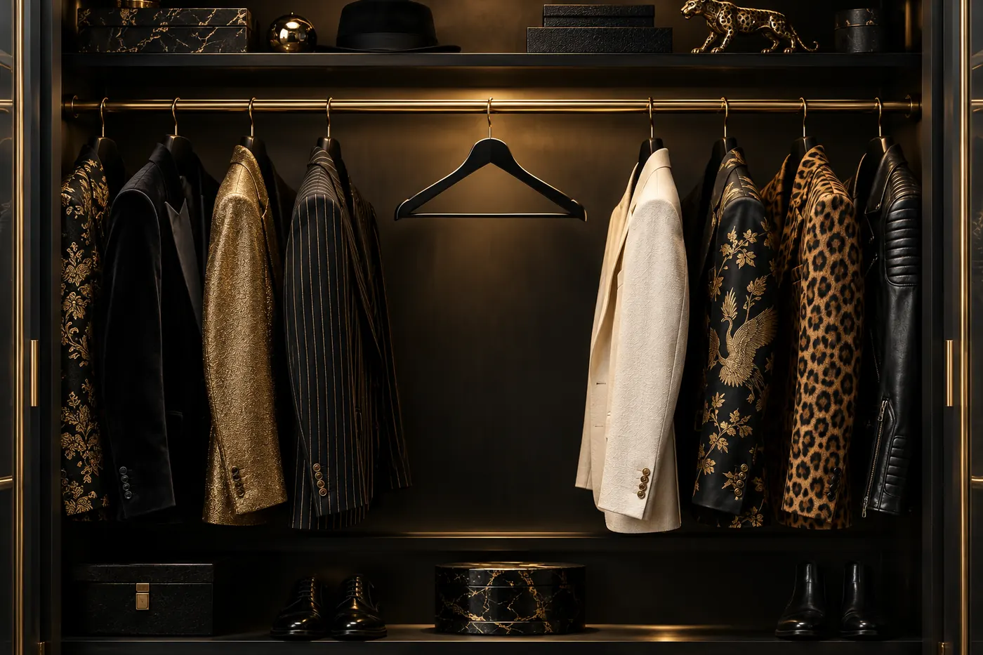 A wardrobe with several jackets and one empty hanger