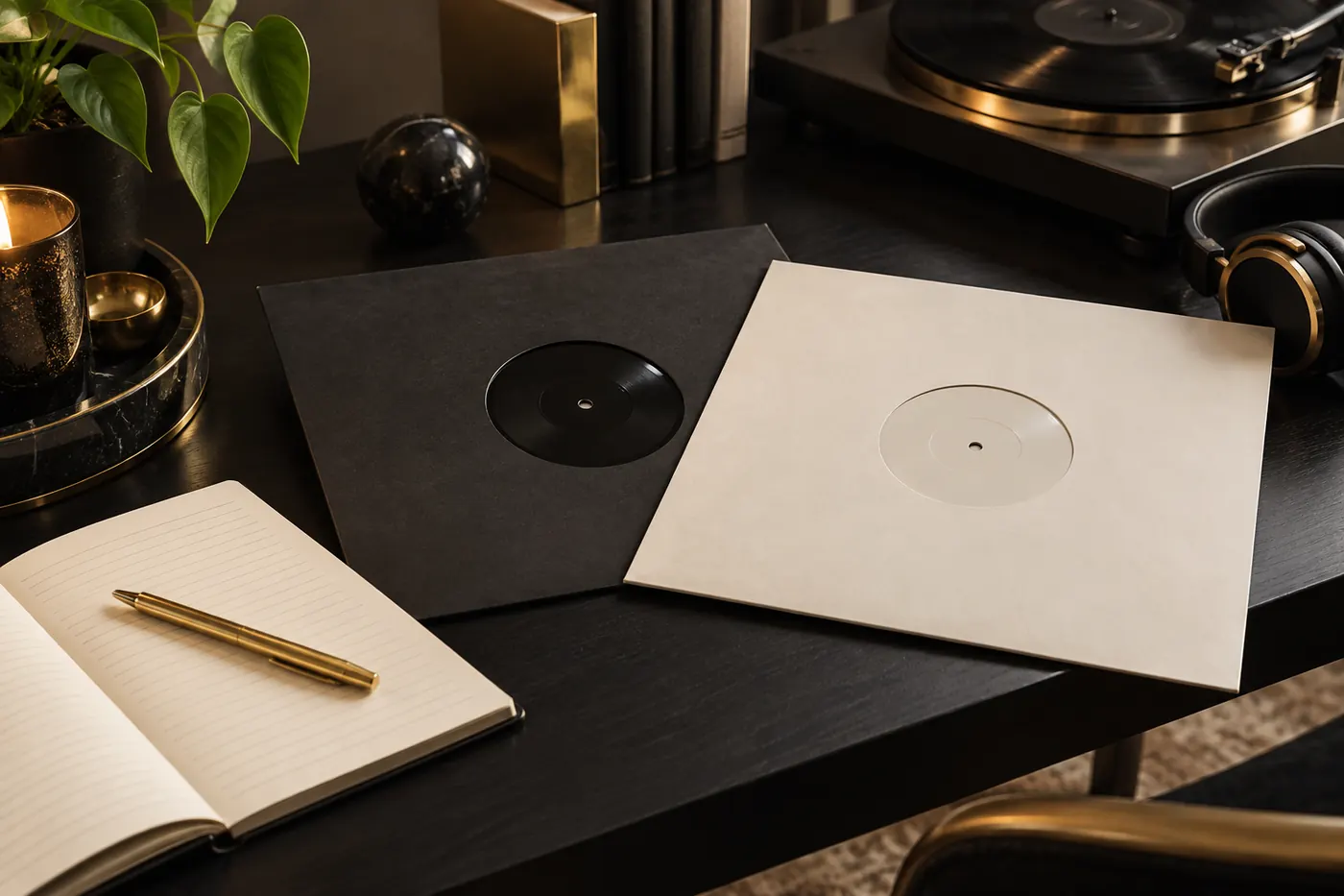 Two unmarked records on a desk awaiting a choice