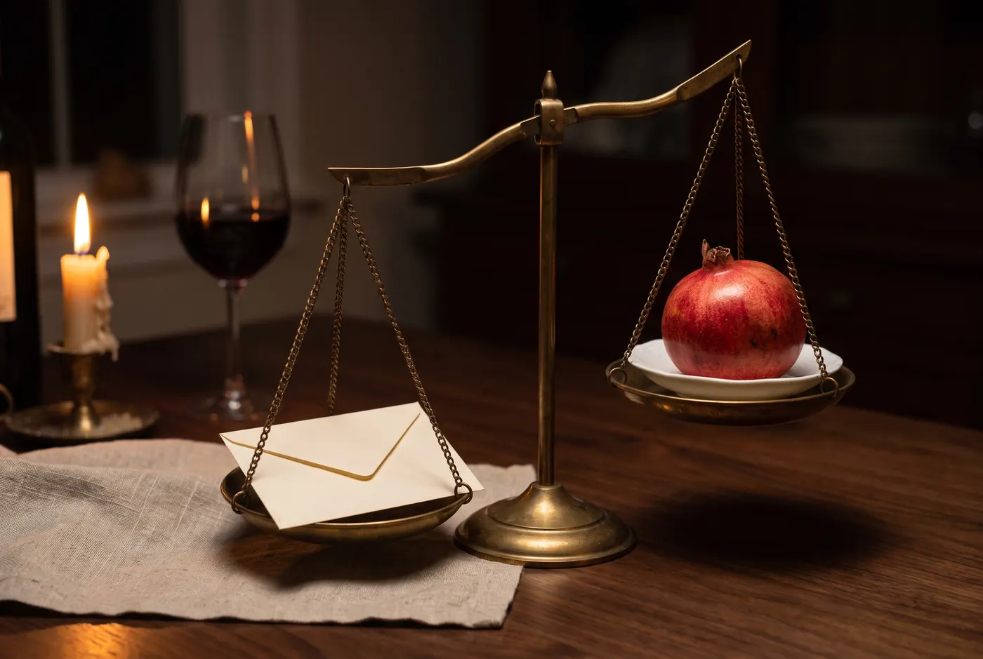 An antique brass balance scale tipped toward a small sealed envelope and away from a pomegranate