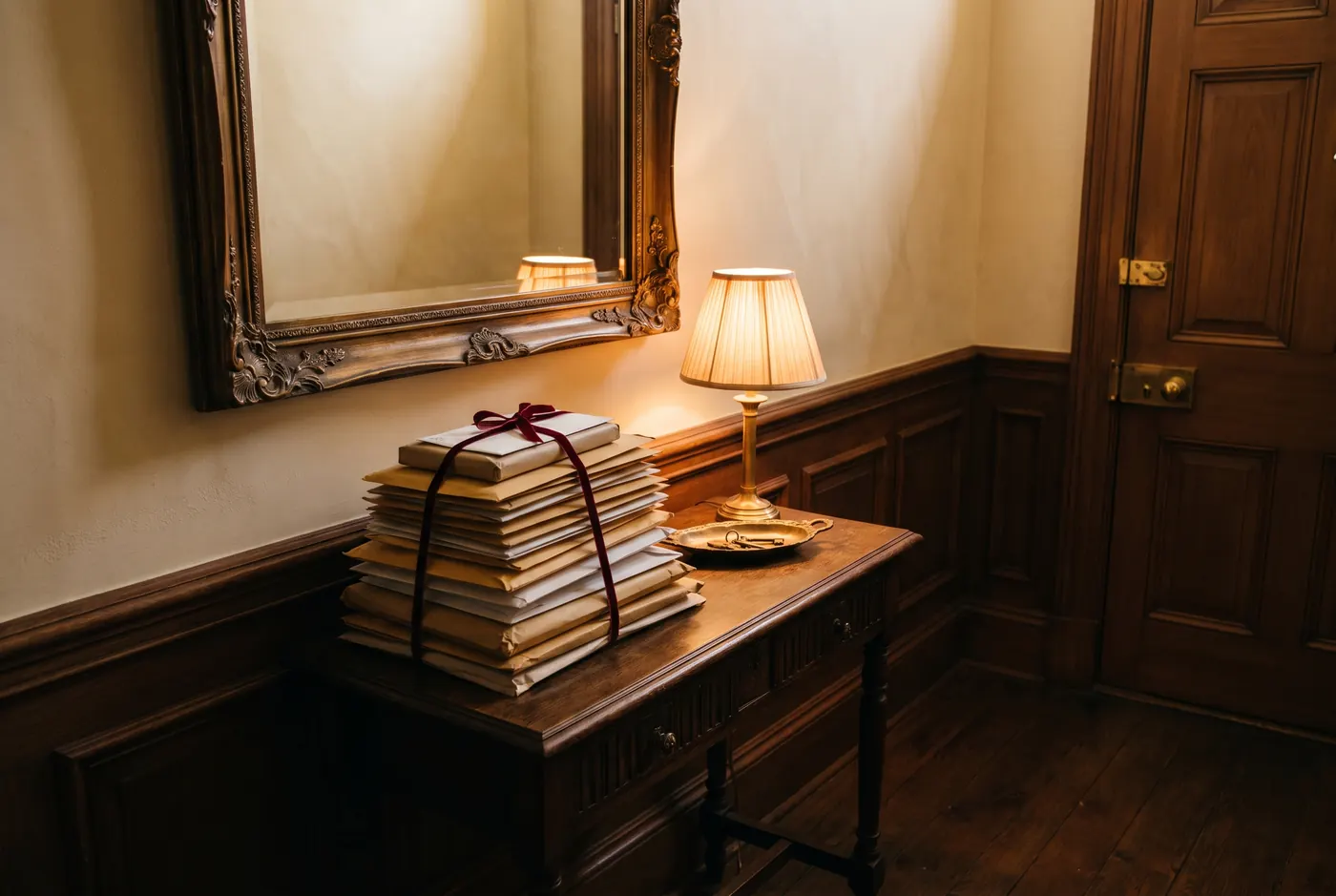 A hallway console table holding a tall stack of unopened envelopes tied with a dark red ribbon