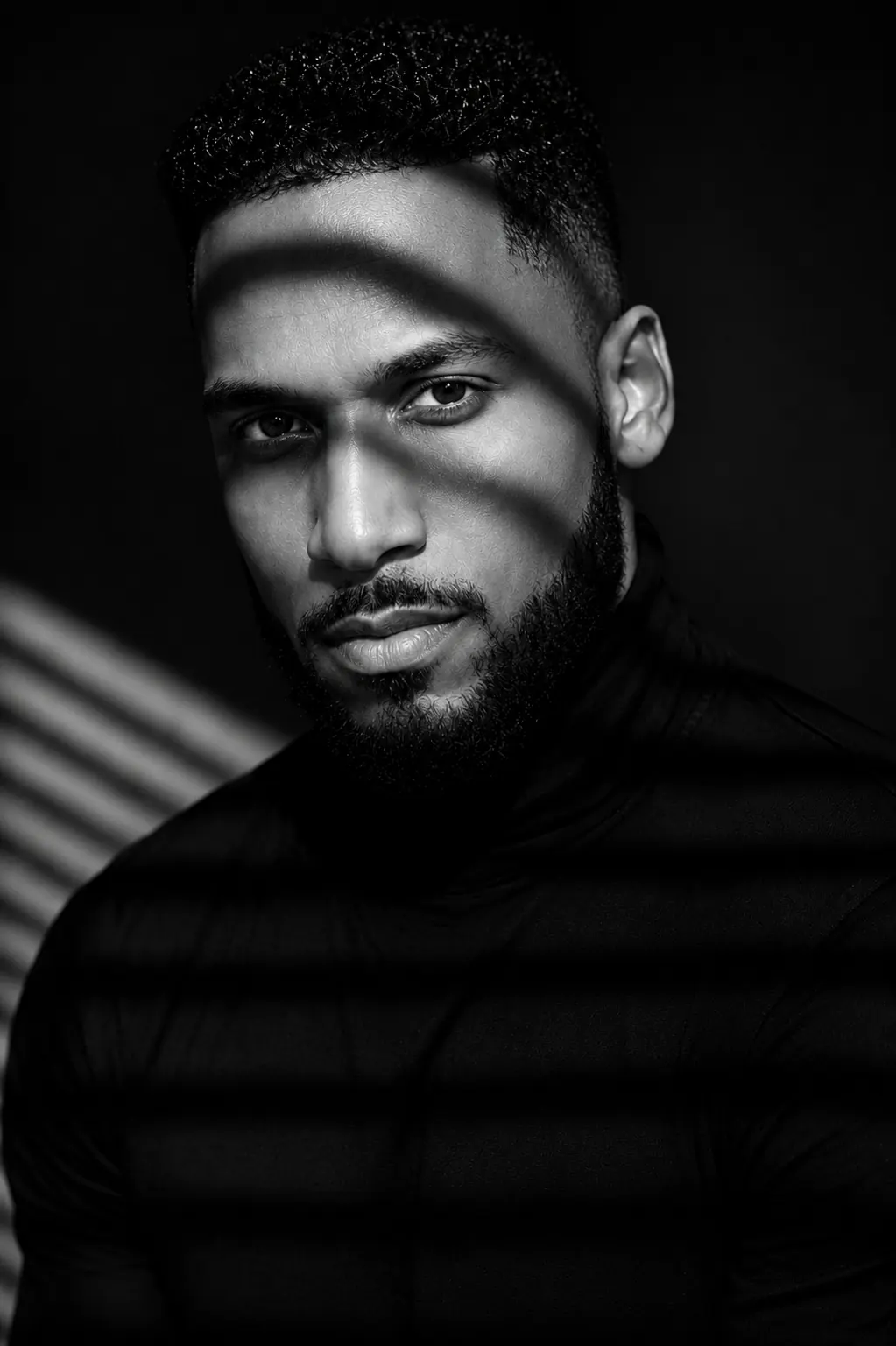Black and white portrait of King The Kemist with window-blind shadows across his face