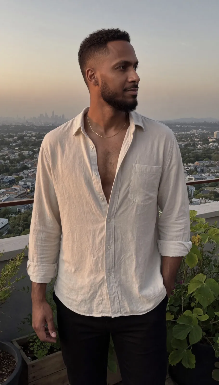 King The Kemist in an open cream linen shirt on a rooftop garden at sunset