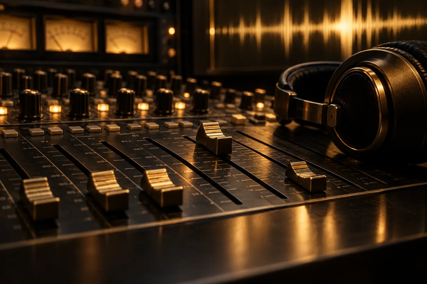 Headphones and faders on an audio mixing board