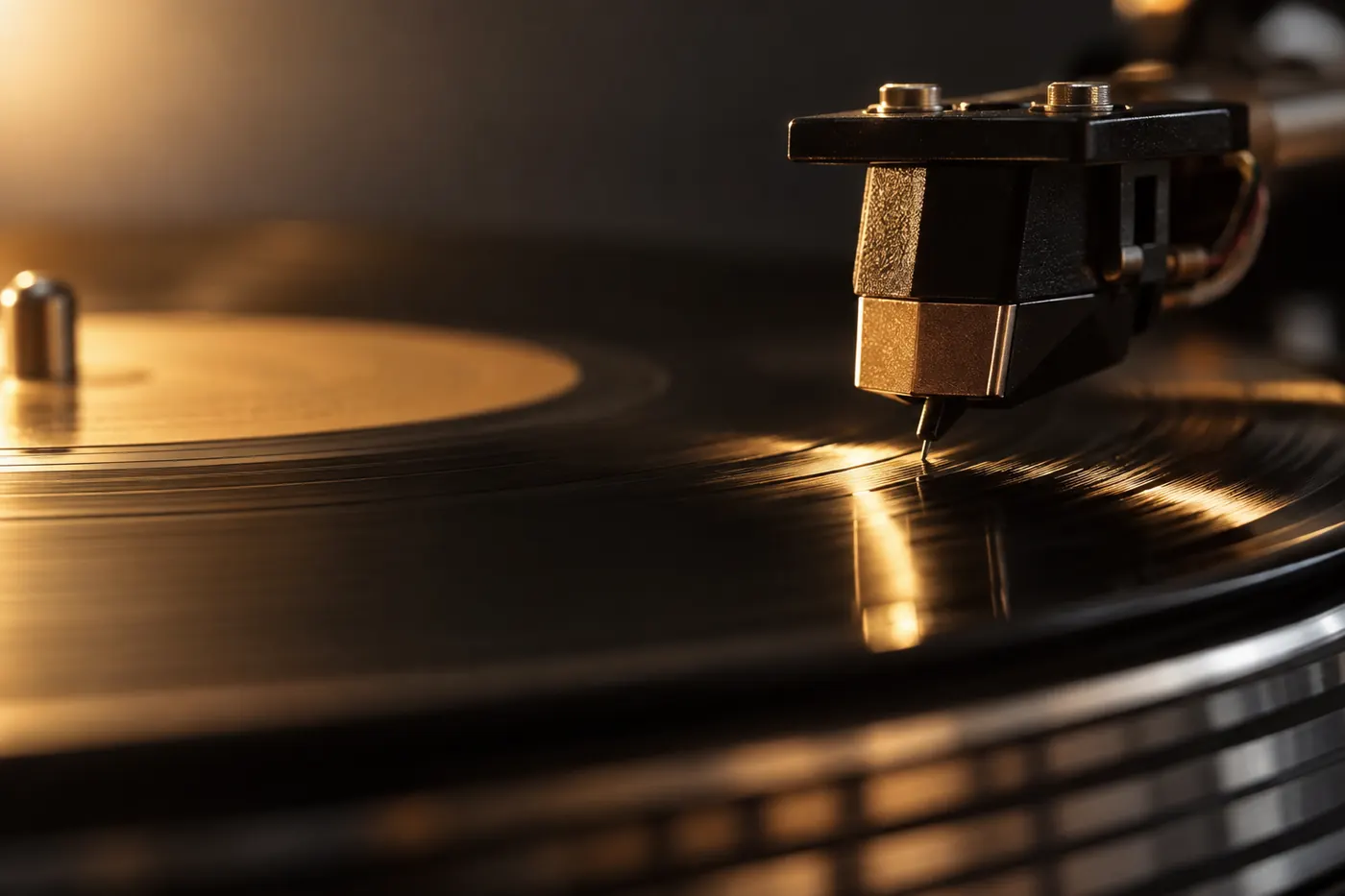A record needle nearing a vinyl groove
