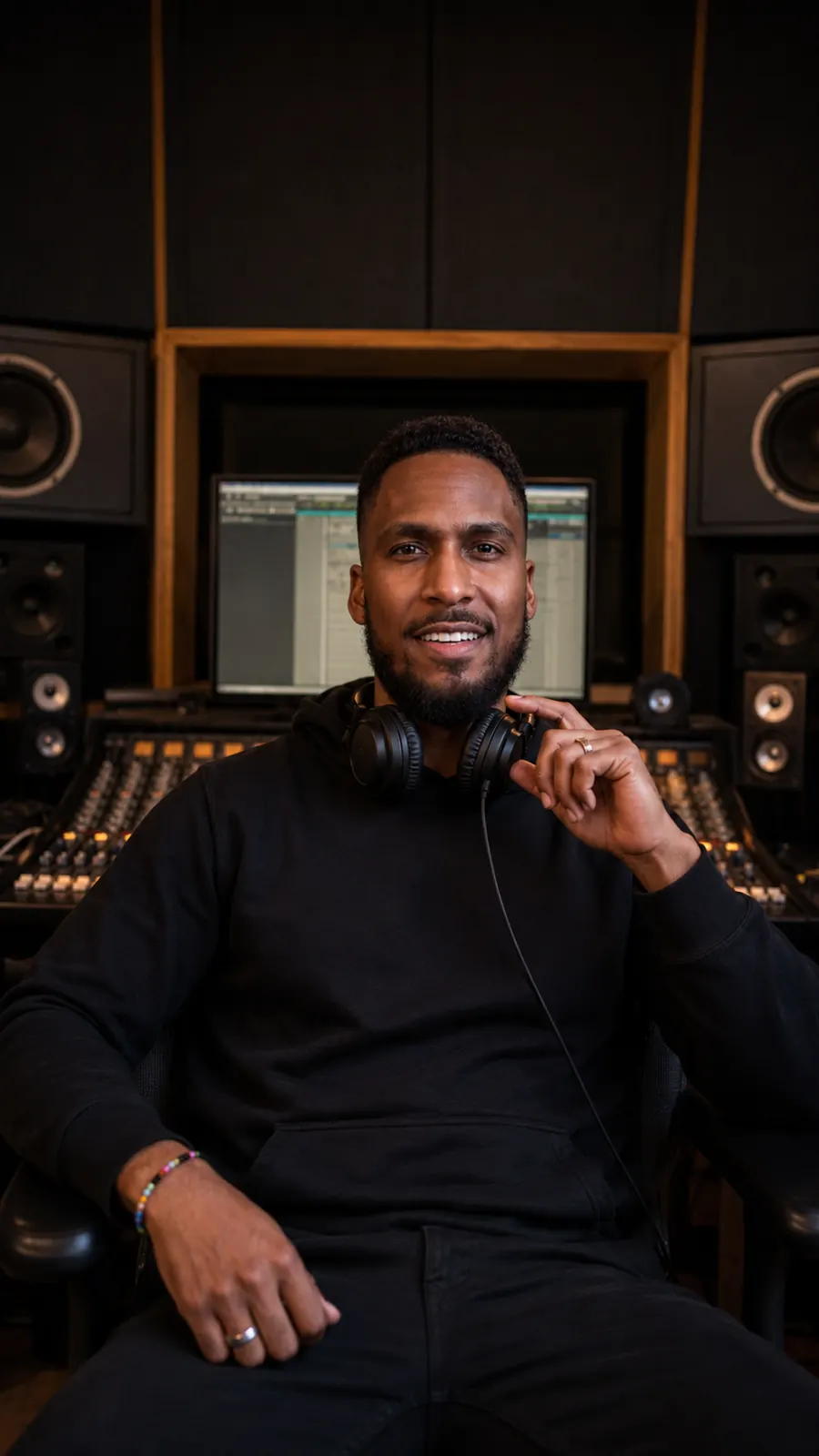 King The Kemist in a recording studio with headphones