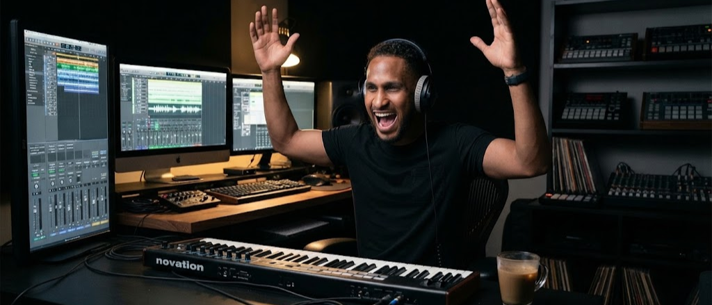 King The Kemist celebrating a creative breakthrough at the keyboard in his music studio
