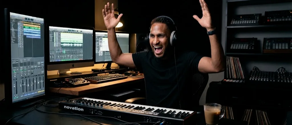 King The Kemist celebrating a creative breakthrough at the keyboard in his music studio
