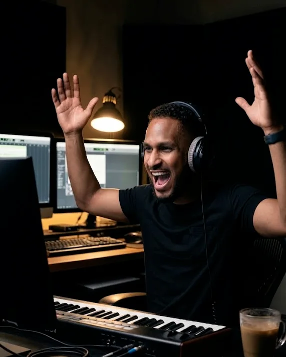 King The Kemist celebrating a creative breakthrough in his music studio