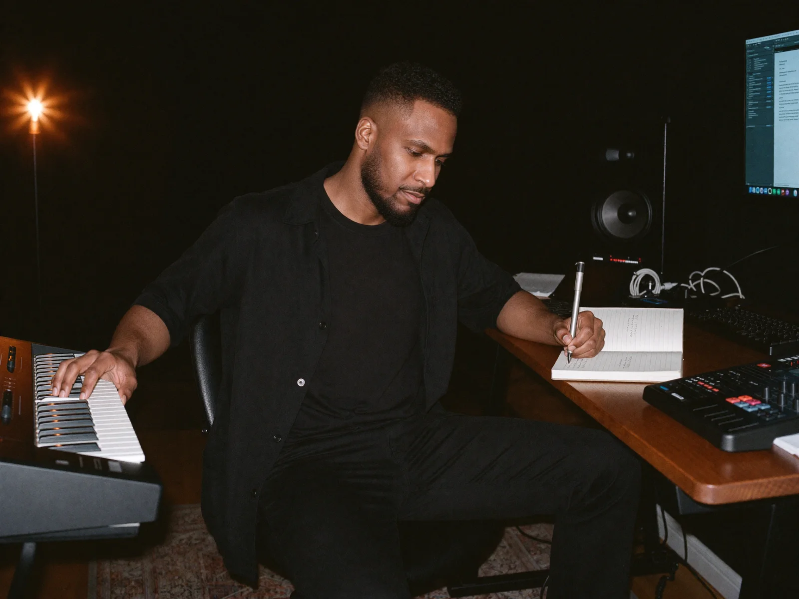 King The Kemist writing in a notebook while working at a music keyboard in his studio