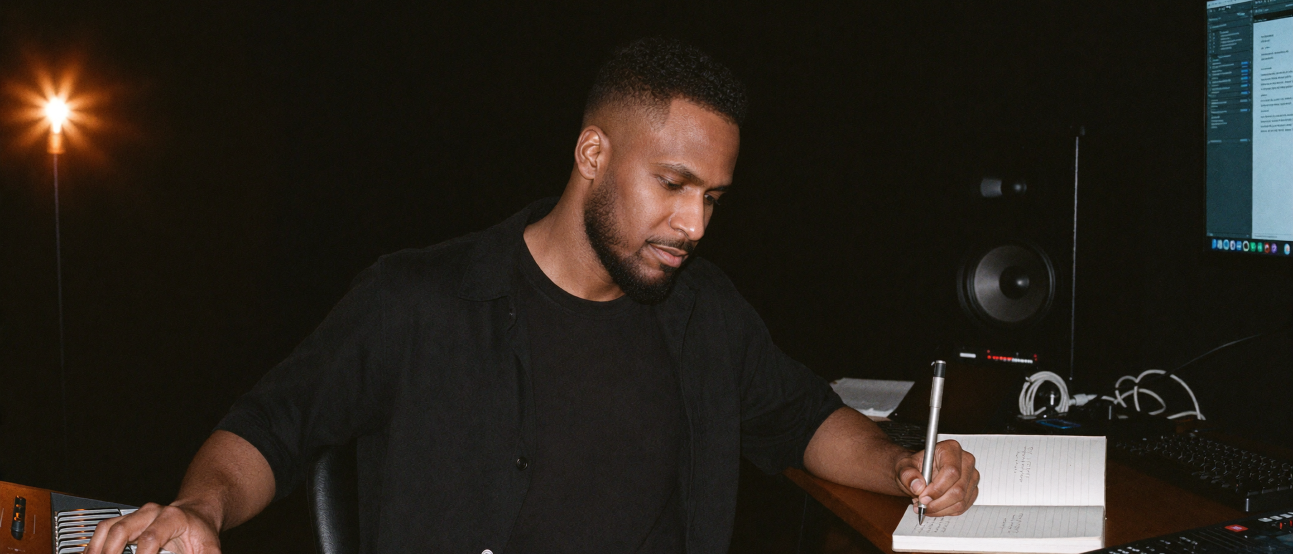 King The Kemist writing in a notebook while working at a music keyboard in his studio