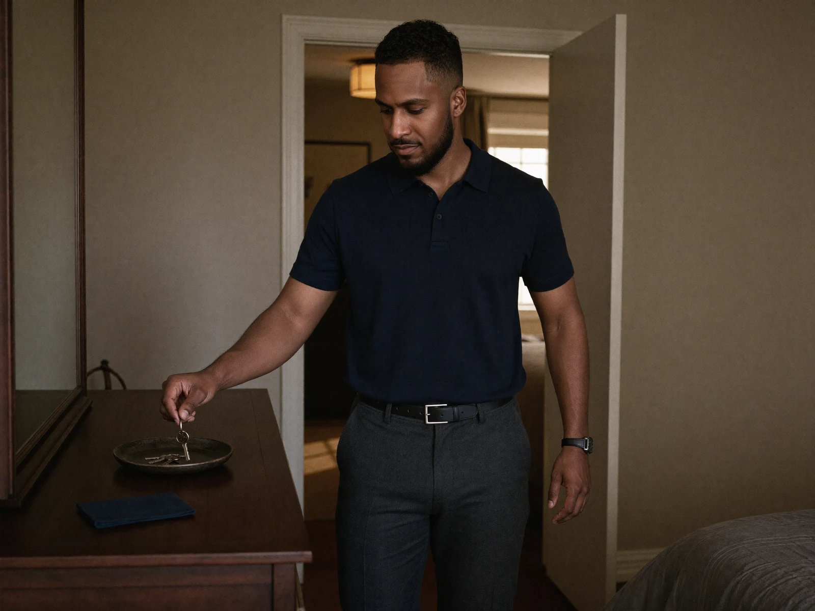 King The Kemist places his keys into a tray during a quiet morning ritual, dressed in a dark polo and tailored trousers