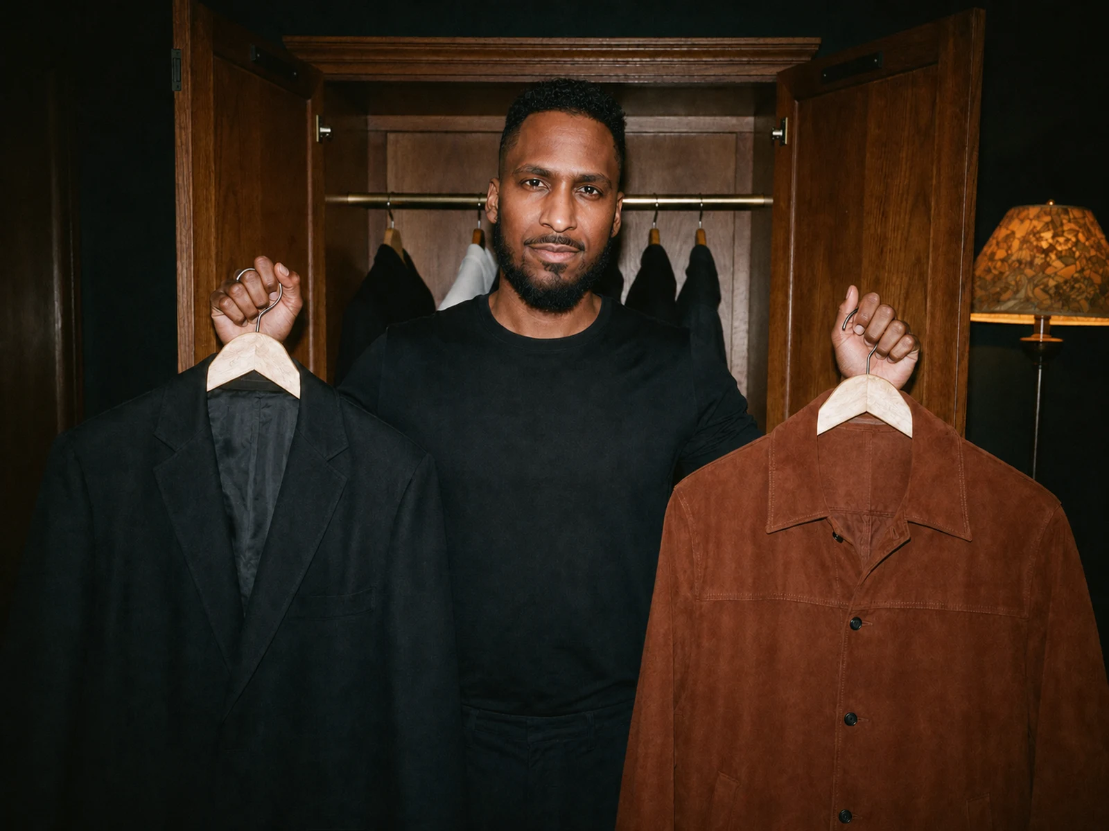 King The Kemist stands before an open wardrobe holding a black blazer and an amber suede jacket, weighing both options