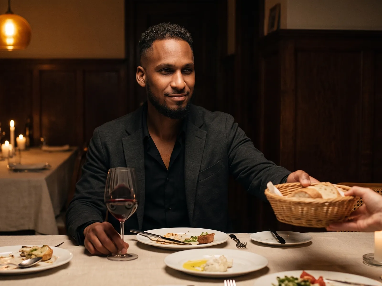 King The Kemist at a candlelit dinner table, passing the bread with a polite smile while holding back what he wants to say