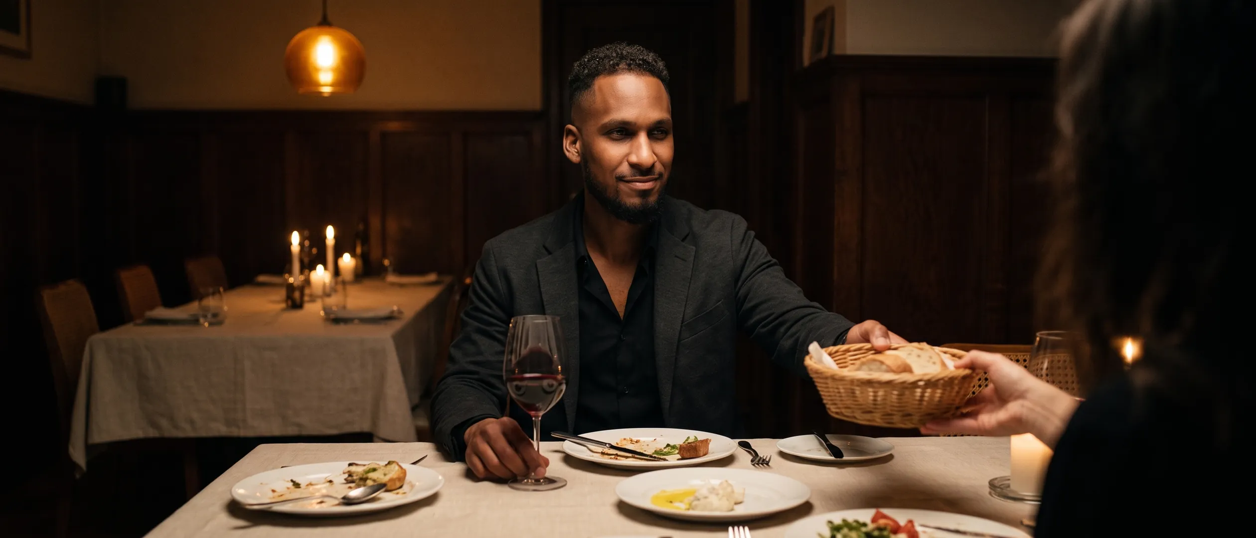 King The Kemist at a candlelit dinner table, passing the bread with a polite smile while holding back what he wants to say