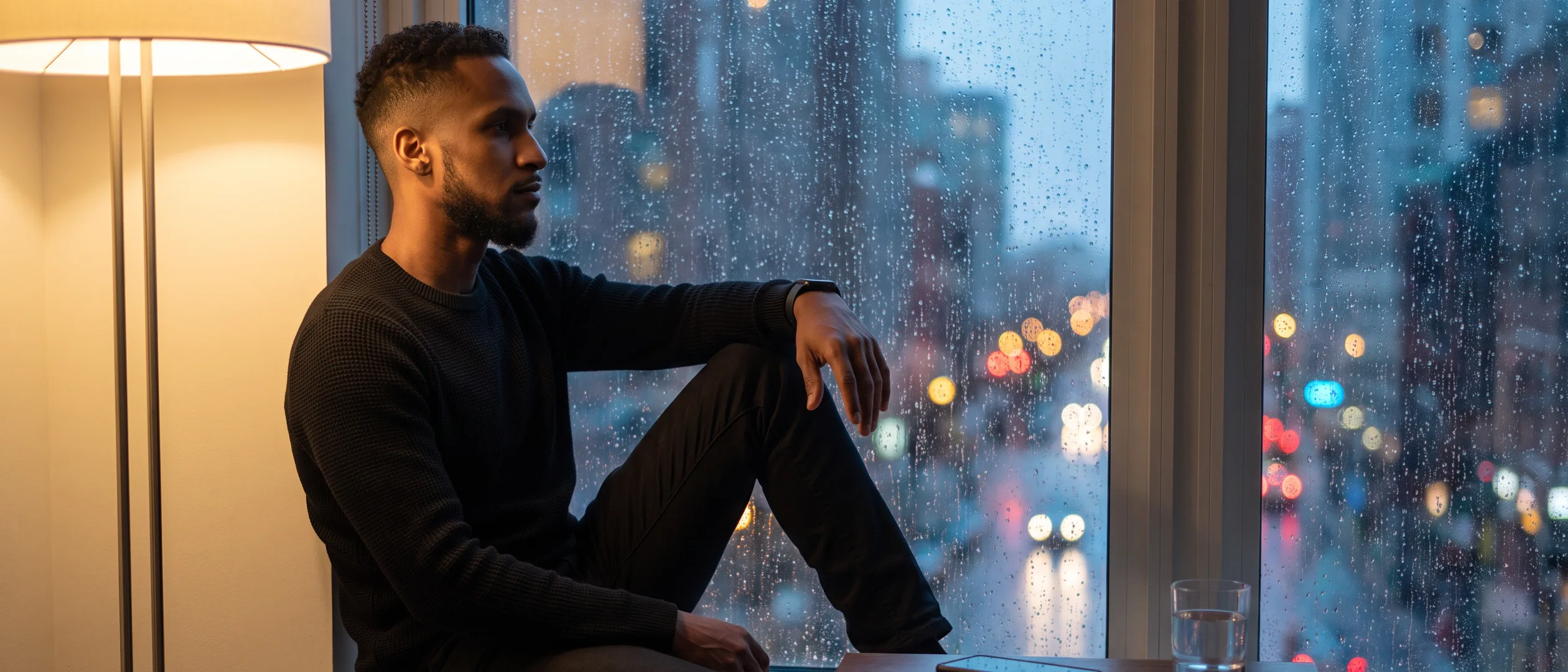 King The Kemist sitting on a window ledge at night, calmly looking out at the rain-soaked city, his phone face down on the table beside him
