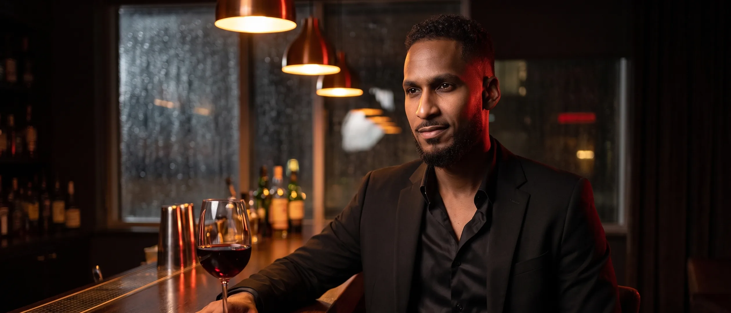 King The Kemist in a black blazer and open-collar shirt at a dimly lit bar at night, a glass of red wine beside him, rain on the window behind